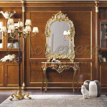 bespoke decoration golden leaf details solid wood customizition artisanal console custom made production handmade solid wood handcrfted console golden carved finish top italian luxury quality furniture production royal villa furniture collection