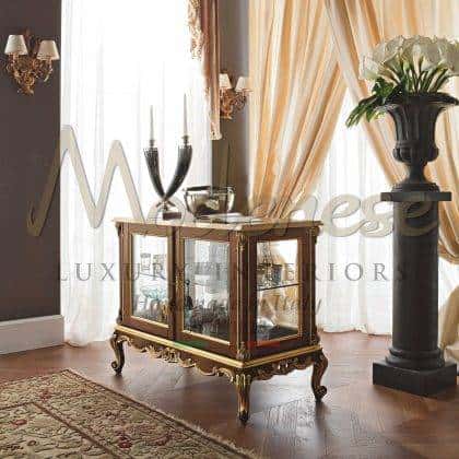 beautiful elegant designed exclusive italian furniture in solid wood materials top classical traditional inlaid vitrines classy rococo' crystal shelves ornamental luxury living lifestyle opulent royal villa furnishing project unique golden leaf details made in Italy craftsmanship