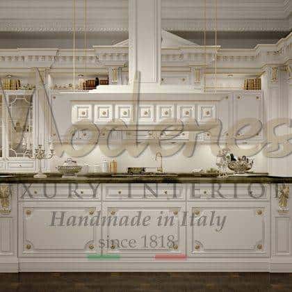 elegant Romantica - Ivory and gold kitchen version finish italian luxury fixed furniture handcrafted luxury kitchen counter elegant venetian baroque style with gold details classic wooden cabinet kitchen royal luxury design exclusive villas furnishings high-end classical design exclusive furniture handmade marble inlaid top artisanal interiors production majestic kitchen area refined bespoke kitchen solid wood exclusive artisanal manufacturing