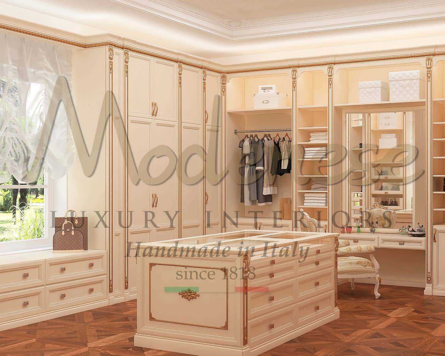 dressing walk in closet luxury classic traditional timeless unique italian design interior project service consultant portfolio baroque elegant refined precious custom handmade fixed furniture