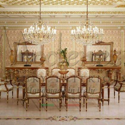 solid wood handmade carved dining table inlaid top luxury italian furniture royal dining room furniture bespoke dining table top quality solid wood refined made in Italy upholstery for chairs high-end artisanal manufacturing made in Italy classical furniture