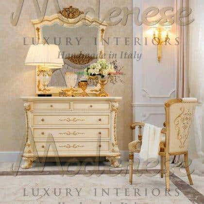 ivory pearl finish made in Italy materials handmade carvings baroque traditional venetian solid wood chest of drawers refined handmade painting decorations elegant golden leaf details exclusive design ideas premium italian quality solid wood interiors majestic empire mirros with golden leaf details