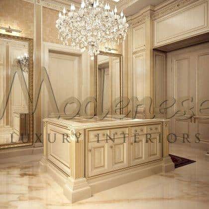 high-end elegant interiors luxury made in Italy classic walk in closet collection majestic unique design traditional handcrafted island dress top precious italian fabrics solid wood cravd golden leaf details handmade manufacturing timeless design high-end quality bespoke royal palace home furnishings best quality made in Italy handmade classic furniture