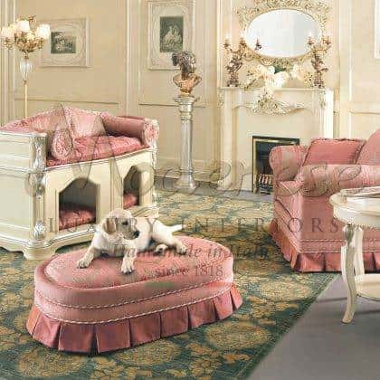 majestic handmade artisanal upholstered pouffes and benches furniture for elegant pet collection interiors ideas with made in Italy precious fabrics premium quality made in Italy handcrafted furniture elegant royal palaces and villas pet collection solutions sophisticated comfort design