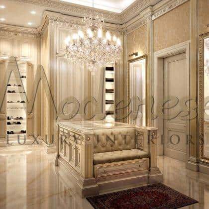 elegant royal luxury made in Italy classic walk in closet collection majestic unique design traditional handcrafted island dress top quality materials italian fabrics solid wood cravd golden leaf details handmade manufacturing timeless design high-end quality bespoke royal palace home furnishings best quality made in Italy fixed furniture production royal villa furniture high quality furniture collection