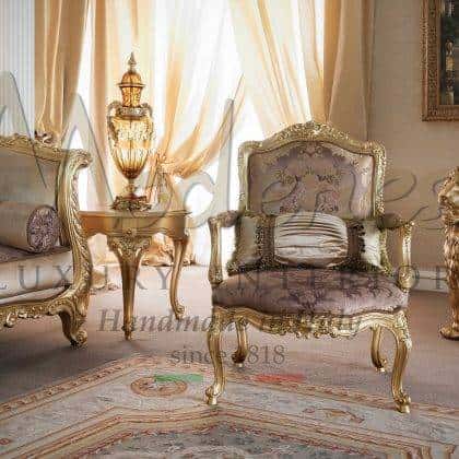 exclusive venetian rococo' baroque classic style french furniture armchair production luxury solid wood handmade armchair in elegant italian upholstery high-end best quality refined furniture in full custom-made golden leaf finish high-end venetian handmade carved exclusive furniture best quality artisanal interiors production high-end quality solid wood interiors for elegant home décor projects