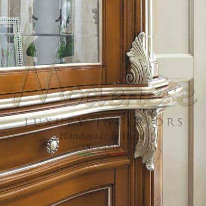 customized top quality handmade artisanal inlaid vitrines production high-end made in Italy handcrafted furniture carvings elegant silver leaf details majestic crystal sheleves ideas premium quality solid wood interiors ornamental interiors elegant home decorations royal palace traditional timeless baroque design