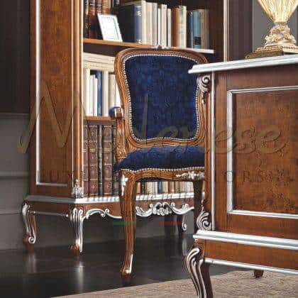 solid wood handmade armchair elegant italian upholstery royal office decorations silver leaf details exclusive office furniture handcrafted classic baroque style venetian unique taste furniture interiors elegant office living room area bespoke library custom-made office bookcase royal palace elegant armchairs ideas italian upholstery precious fabrics high-end made in Italy artisanal furniture production