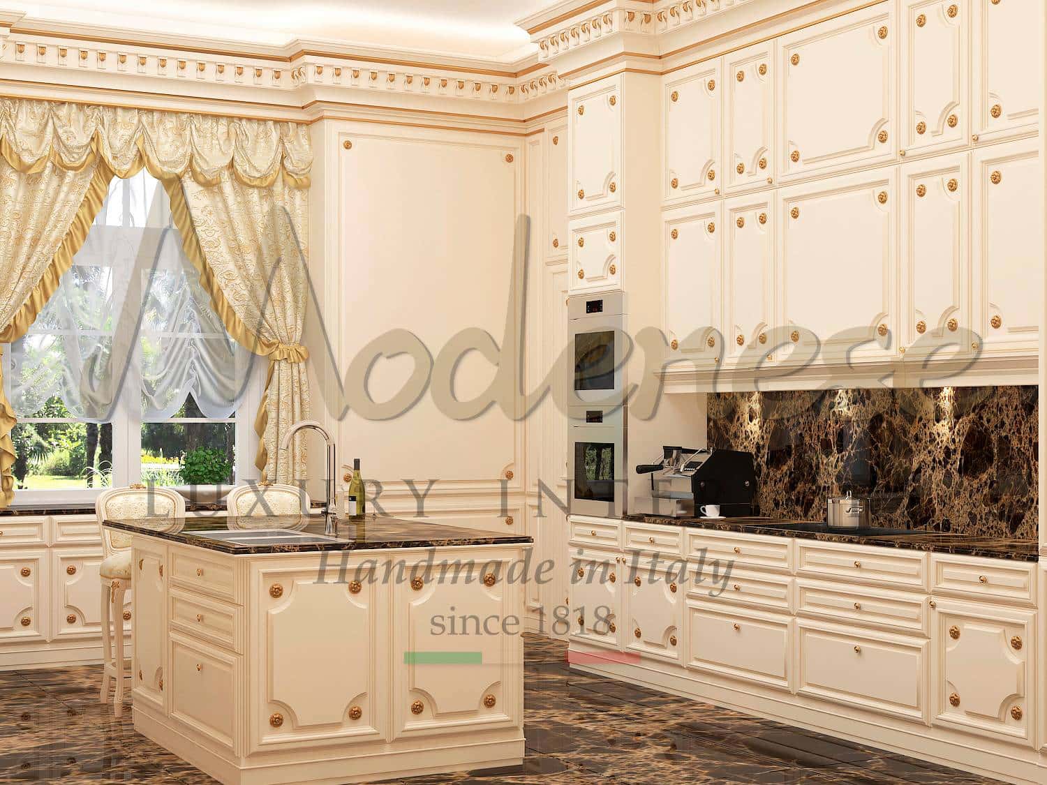 fit out fixed furniture royal luxury custom kitchen project solid wood golden leaf details carved solid wood handcrafted custom style handmade production by master woodworking artisans