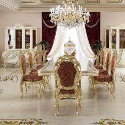 handcrafted solid wood best quality baroque dining table artisanal classic style handmade carved chair golden leaf decorations majestic sideboard handmade manufacturing ornamental paintings royal palace dining room furniture collection solid wooden luxury italian furniture