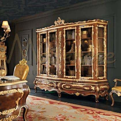 элегантная итальянская мебель высокого качетсва в стиле барокко классический стиль венецианский стиль библиотека из массива дерева на заказ золотой декор ручня работа резьба по дереву эксклюзивная мебель