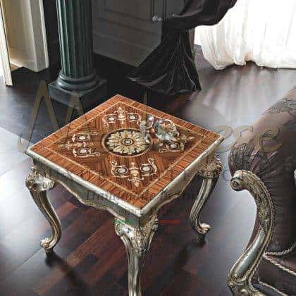 inlaid top wooden style coffee table craftsmanship beautiful classy luxury exclusive made in Italy solid wood silver leaf details inlaid mother of pearl traditional classic style custom made executive interiors royal villas or palace furnishings high-end italian furniture projects
