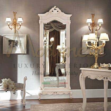 bespoke decoration details solid wood customizition white lacquered figured floor mirror artisanal custom made production handmade solid wood handcrfted carved finish top italian luxury quality furniture production royal villa furniture collection refined royal italian deluxe traditional manufacturing