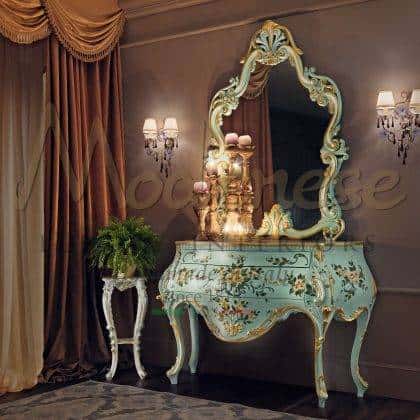 solid wood handcrfted carved figured green venetian turquoise figured mirror finish top italian luxury quality furniture production royal villa furniture collection refined golden details royal italian deluxe furnishings
