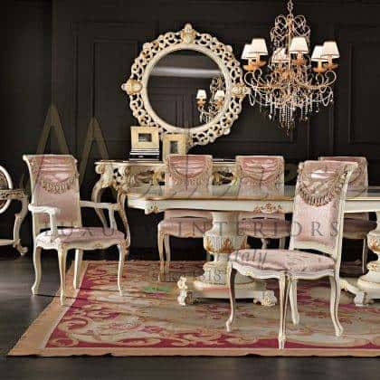 handmade dining table detail customizable finish carved handmade solid wood chairs luxury italian high-end artisanal furniture production elegant dining room furniture ideas royal palace furnishings refined velvet upholstery