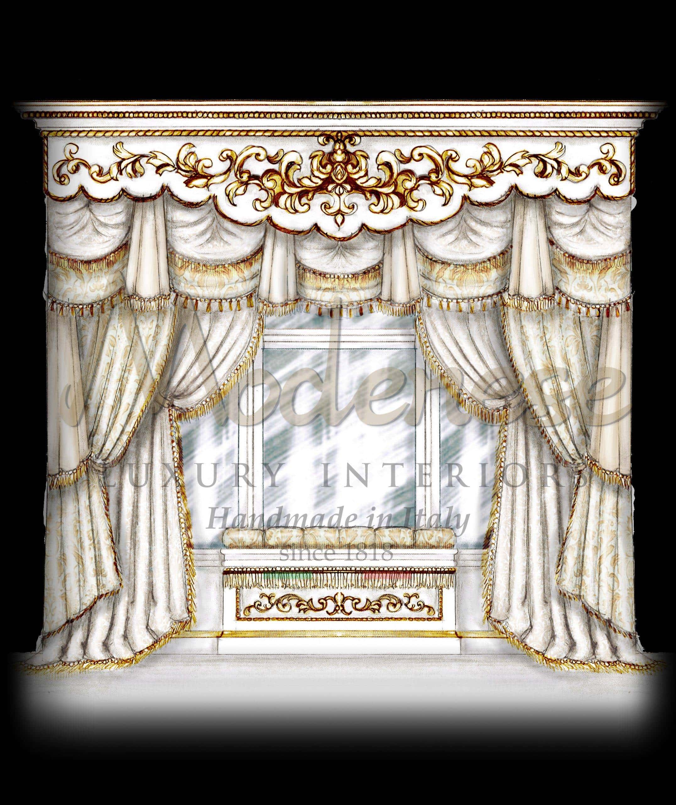 traditional custom handmade production classic curtains made in Italy high quality drawings luxury details interior design service home decoration residential project royal baroque tasteful french design victorian curtains design and production
