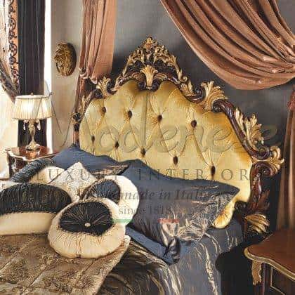 exclusive empire royal traditional classic master bed suite elegant walnut rich details classy decorated headboards refined Swarovski buttons majestic pillows victorian baroque venetian style made in italy custom made quality design handmade solid wood furnishing golden leaf finish classic home decoration villas interiors bespoke exclusive home furnishings solid wooden carved furniture