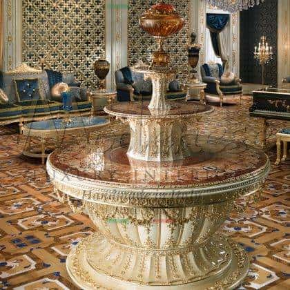 ornamental baroque traditional entrance hall round table with mechanism and inlaid top bespoke fabrics best quality classic italian furniture custom made manufacturing refined tailor made golden leaf details majestic home décor customized itaian manufacturing custom made