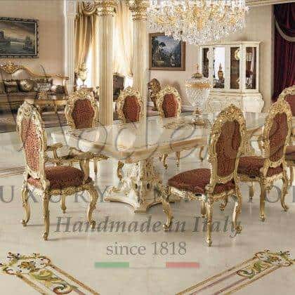 handcrafted solid wood best quality baroque dining table artisanal classic style handmade carved chair golden leaf decorations majestic sideboard handmade artisanal manufacturing ornamental paintings royal palace dining room furniture collection solid wooden luxury italian furniture