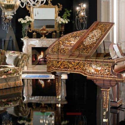 made in Italy handcrafted grand piano, original luxury royal piano instrument mechanism, antique classic piano, inlay pian furniture handmade painting baroque traditional style venetian solid wood ornamental top decorations elegant exclusive design ideas premium quality solid wood interiors bespoke ornamental