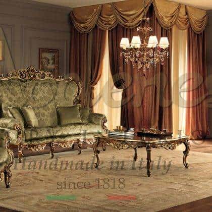 exclusive design living room sofa set elegant bespoke fabrics golden leaf details handmade inlaid coffee tables ornamental luxury sofas traditional venetian armchairs best made in Italy classic style luxury interiors italian craftsmanship artisanal manufacturing