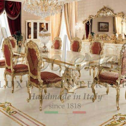 handcrafted solid wood best quality baroque dining table artisanal classic style handcrafted chair golden leaf decorations majestic sideboard handmade ornamental paintings royal palace dining room furniture collection solid wooden luxury italian furniture
