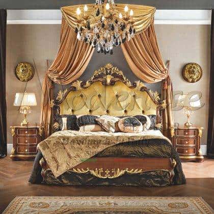classic master bed suite elegant walnut rich details luxury traditional venetian royal classy décor headboards refined Swarovski buttons majestic custom made quality design handmade solid wood furniture best quality materials bronze leaf finish classic home decoration pillows victorian baroque venetian style made in italy villas interiors bespoke exclusive home furnishings italian artisanal manufacturing