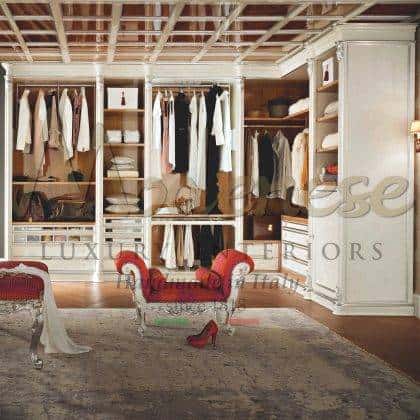 tasteful unique luxury classic italian ivory walk in closet exclusive fixed furniture handcrafted made in Italy carved solid wood decorative silver leaf details finishes handmade red luxury chairs top customized wardrobes furniture classical baroque style details unique exclusive solid wooden luxury design for exclusive royal palaces and villas decoration projects