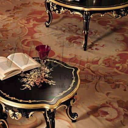 exclusive handmade painting carved elegant black table classy details bespoke refined golden leaf finish furniture collection luxury italian artisanal handmade production high-end opulent italian design traditional home furnishing