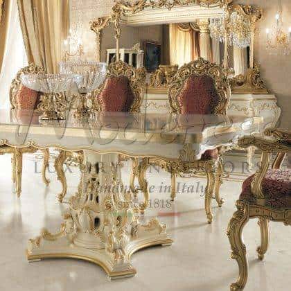 handcrafted carved solid wood dining table baroque traditional luxury italian furniture high-end artisanal manufacturing baroque home decoration beautiful venetian style dining room collection golden leaf details exclusive design