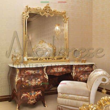 opulent make up table top furniture collection 3D inlays colorful custom made top marble finish furniture best Italian quality exclusive craftsmanship custom-made home décor majestic royal mirror golden leaf details furnishing projects, premium classic style handcrafted upholstered rocking chair venetian toilette desk ornamental luxury furnishings made in italy manufacturing