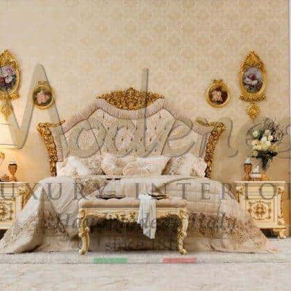 handcrafted italian furniture handmade baroque traditional venetian solid wood master suite refined pearl ivory finish bed made in Italy top swarovski buttons headboard decorations elegant brass leaf details finish exclusive design ideas premium quality solid wood interiors esxclusive luxury design