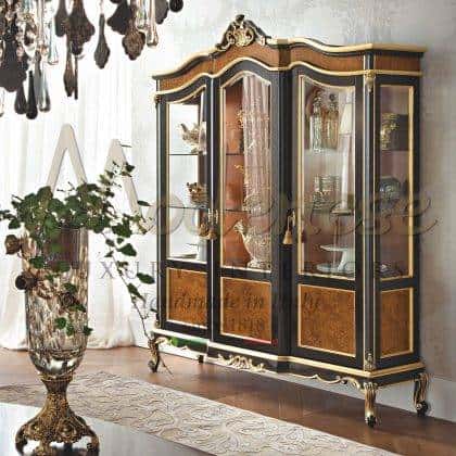 high-end quality made in Italy wooden inlaid vitrines bespoke finish refined crystal shelves unique style exclusive villa décor goledn leaf details finish top furniture collection best baroque interiors home furnishing elegant furniture ideas