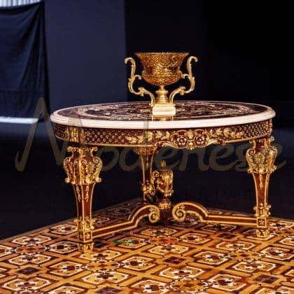 classy luxury bespoke venetian style round table inlaid top wooden details majestic exclusive custom made interiors royal villa palaces furniture high-end quality best tailor made in Italy artisanal manufacturing bespoke golden leaf finish projects decorative solid wood traditional inlaid table customized bespoke table details venetian rococo' luxury classic custom-made