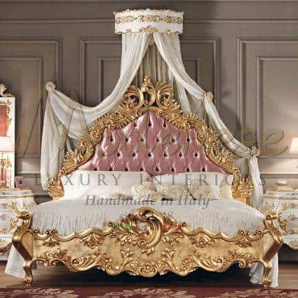 venetian baroque royal style solid wood sophisticated master bed suite furniture exclusive venetian curtains top crown luxury carved headboard swarovski buttons details finish classy refined finish interiors classic royal italian style furniture elegant luxury venetian pink color style beds handmade carved bed bench classic luxury ideas ornamental classical royal palace luxury bedroom furniture handmade decorations venetian style