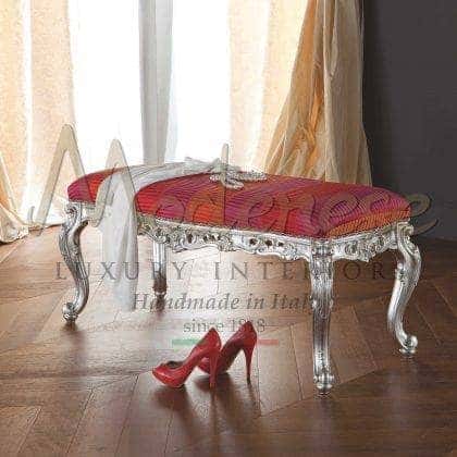 royal luxury italian furniture silver leaf finish details upholstered top elegant bed bench majestic royal palace solid wood master bed bench furniture made in Italy craftsmanship exclusive interior design italian villa royal decorations traditional baroque style furniture timeless venetian artisanal handmade