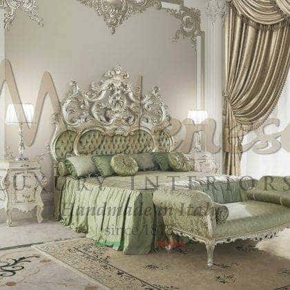 luxury exclusive venetian design unique style baroque elegant rookie patterned green satin bed bench precious made in Italy fabrics selection luxury majestic villa exclusive top quality solid wood handmade carvings upholstered bed leaf silver details opulent royal exclusive artisanal handcrafted