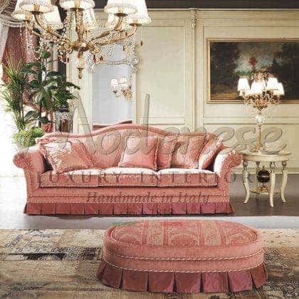 sophisticated classy pink colorful upholstered pouffe décor majestic custom made quality designhandmade solid wood furniture best quality materials patterend details classic home decoration victorian baroque venetian style made in italy villas interiors bespoke exclusive home furnishings italian artisanal manufacturing