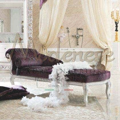 empire classy elegant white lacquered chaise long finish furniture venetian patterned top upholstery design handcrafted opulent refined silver details comfort colletion furniture handmade high-end villa venetian rococo' baroque furnishings luxury handmade solid woodartisanal made in Italy majestic italian artisanal manufacturing