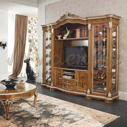 traditional baroque style unique design cabinet tv handmade inlaid bespoke furniture refined best quality handcrafted artisanal tv stand high-end made in Italy bespoke furniture elegant silver leaf details majestic living room best tv unit ideas premium quality solid wood interiors top decorative interiors elegant home decorations royal palace traditional design