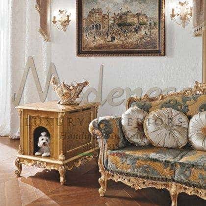 tasteful custom made solid wood inlays pet furniture refined golden leaf detais finish bespoke refined furniture collection luxury italian artisanal handmade production traditional home furnishing high-end quality opulent design royal villa made in Italy fabrics