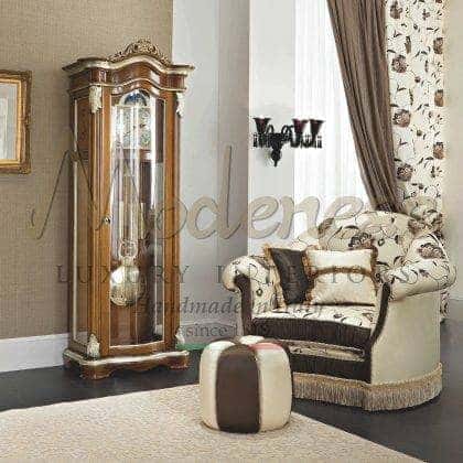 tasteful custom made solid wood inlaid grandfather clock refined silver leaf details finish elegant detail bespoke refined projects furniture collection luxury italian artisanal handmade production traditional home furnishing high-end quality made in Italy fabric