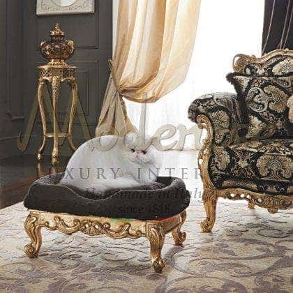 bespoke luxury comfort upholstered pouffe pet furniture customizable fabrics finishes top quality classic furniture manufacturing solid wood materials luxury living lifestyle elegant refined golden leaf deails home furnishing ideas beautiful rich italian furnishing