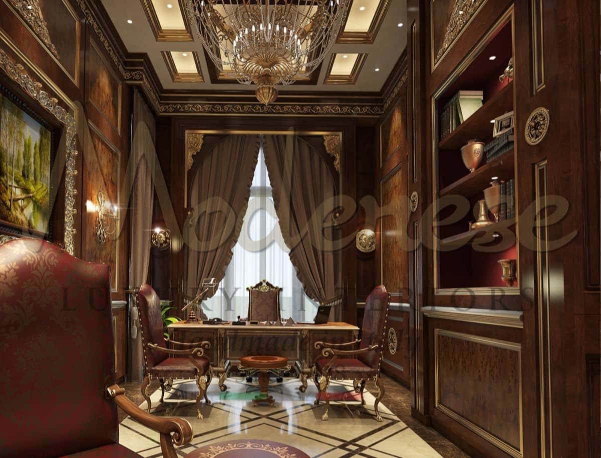 Refined classic style, exclusive design office furniture project. Bespoke office interiors for the most luxurious presidential, private and public offices. Majestic details, handmade executive office furniture in solid wood. Custom-made venetian office projects. Baroque style, empire style, victorian office furniture, unique artisanal Italian manufacturing in solid wood.
