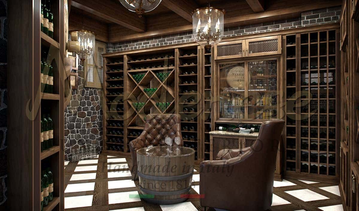Baroque style, elegant made in Italy design winery, bespoke solid wood handmade interiors. Refined, premium high-end quality best solid wood furniture production. Classic luxury Italian furniture production, custom-made wine cellar for luxurious private projects. Top quality, best classic design for hotels, bars and restaurants winery interior and majestic furnishing projects.