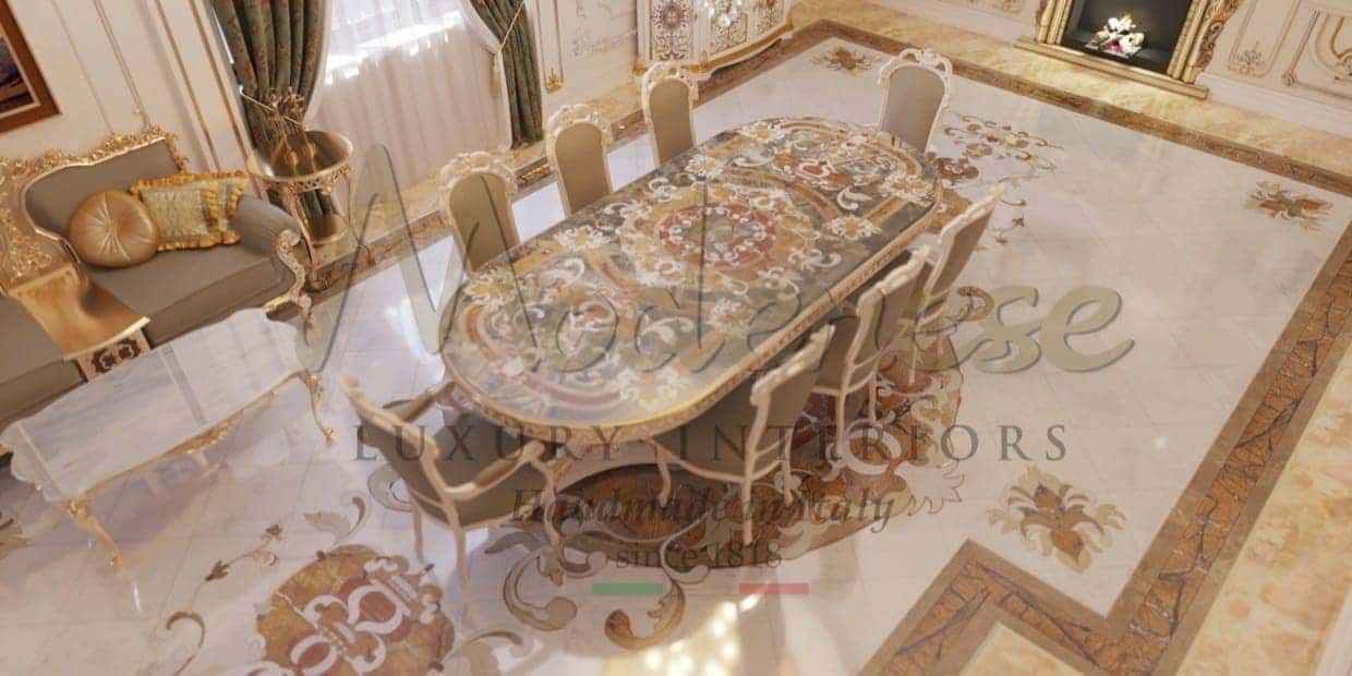 High-end quality furniture manufacturing, elegant classic style luxury dining table with custom-made design marble inlay. Luxurious villa project in sophisticated unique classic design. Traditional solid wood handmade furniture made in Italy with the best quality standards.