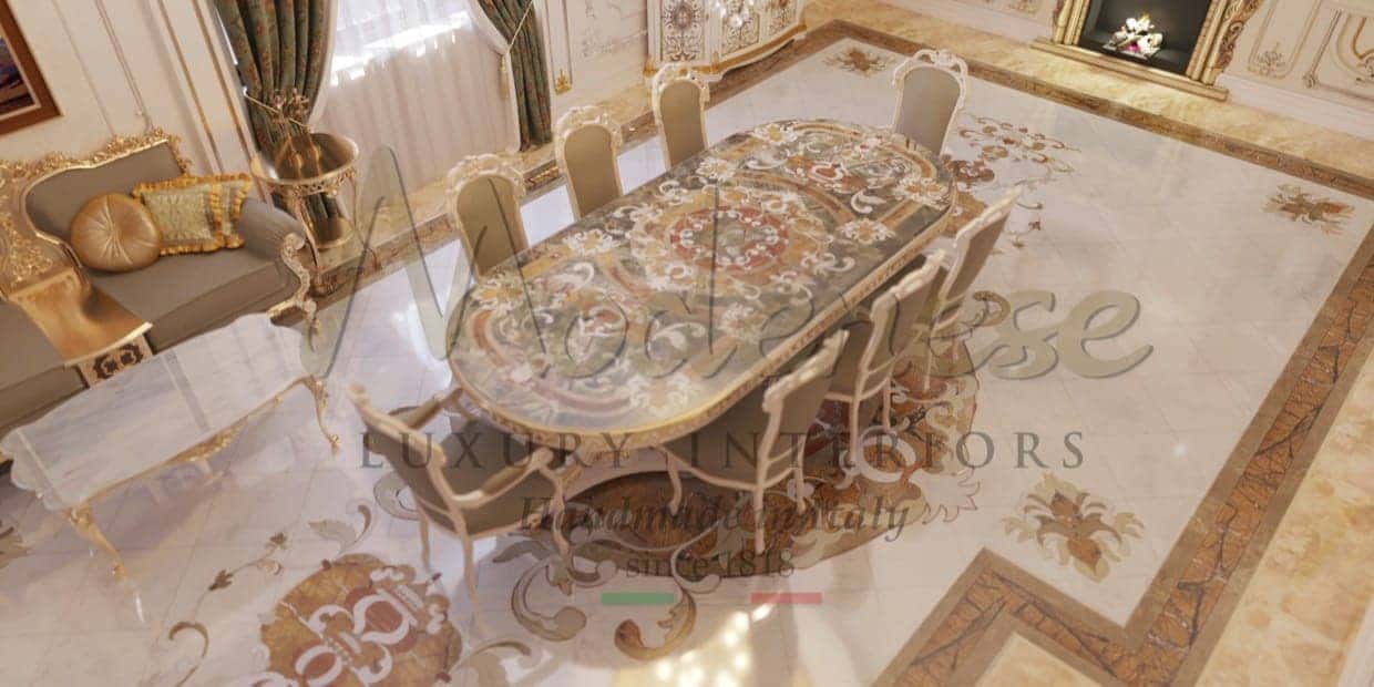 Fabrication de meubles haut de gamme de qualité, élégante table à manger de luxe de style classique avec incrustation de marbre design sur mesure. Projet de villa luxueuse au design classique unique et sophistiqué. Mobilier artisanal traditionnel en bois massif fabriqué en Italie avec les meilleurs standards de qualité.