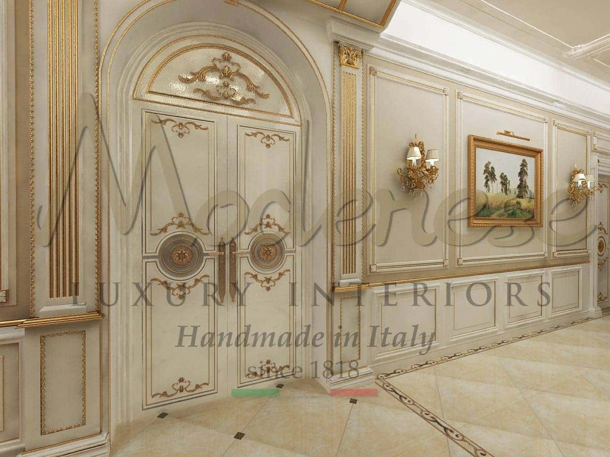 Customized fixed furniture project, elegant handcrafted solid wood doors, refined details all in solid wood. Handmade wooden panelings, made in Italy handcrafted interiors. Elegant carvings and golden leaf decorations. Bespoke artisanal fixed furniture for all royal palaces and classic villas. Made in Italy quality and top design interiors for the most luxurious classic style, victorian, baroque, venetian palaces and villas fixed furniture decorations. Custom-made solid wood doors, refined handmade joinery and boiserie.