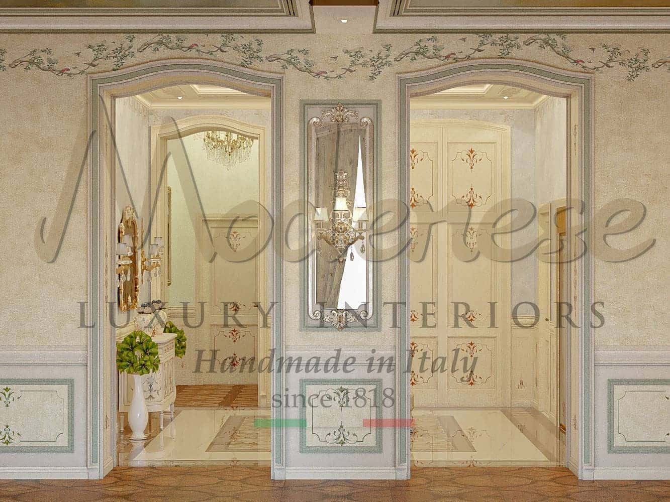 Refined handmade walls and ceilings decorations all perfectly matched with your classic furniture selection. Royal mansions beautiful paintings by expert Italian designers for the best international projects. High-end quality, made in Italy bespoke design, premium standards. Traditional handcrafted furniture and best baroque style rococo' interior design projects.