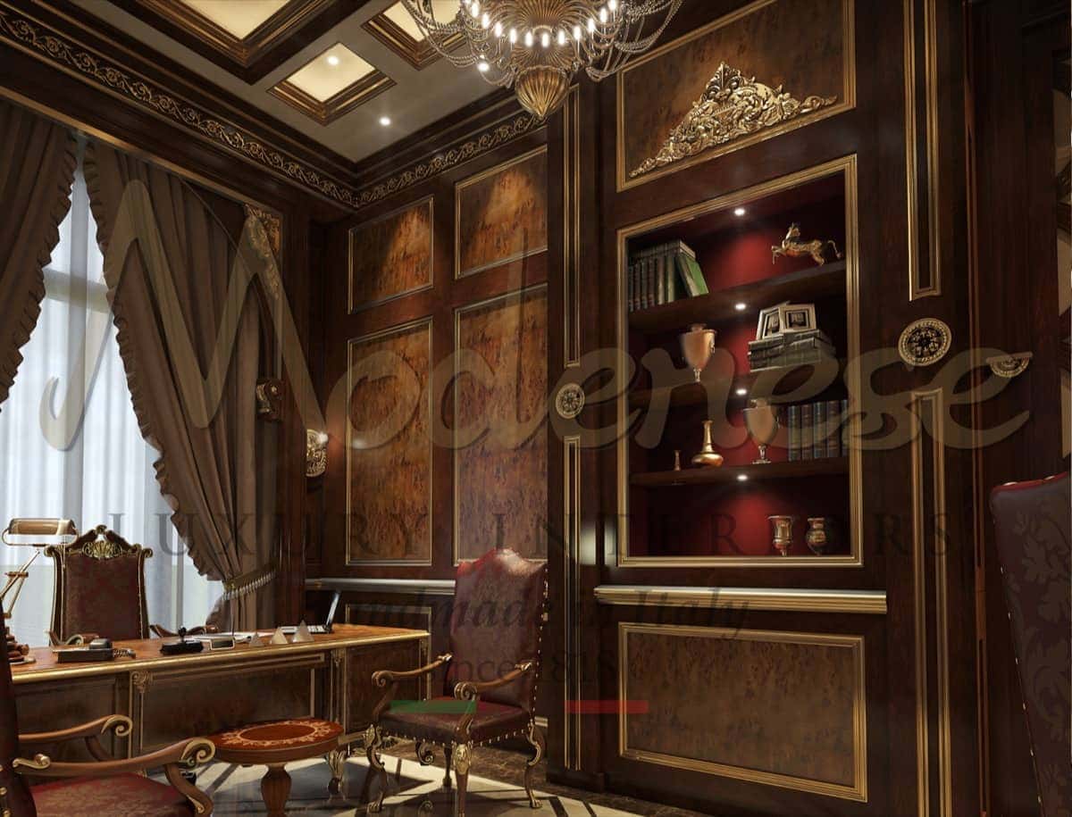 Top high-end elegant office project furnishing unique executive desk ideas made in Italy solid wood interiors best quality office furniture handmade carved chairs armchairs libraries fixed furniture high-end presidential swivel armchair bespoke bookcases custom-made wood panels and boiserie for classic luxury handcrafted private and public refined office projects presidential royal palaces offices interiors.